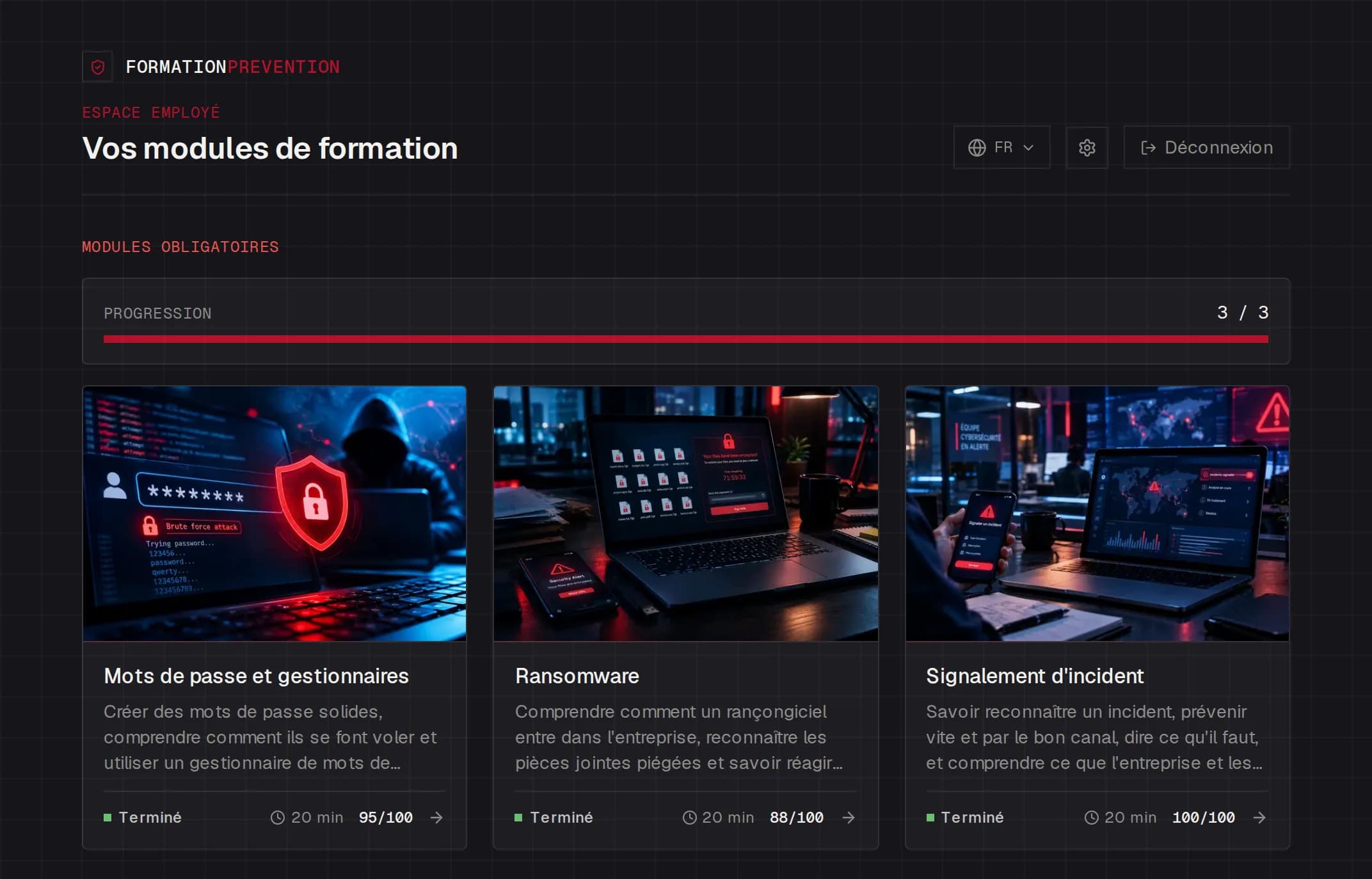 Espace employé : trois modules obligatoires terminés (Mots de passe et gestionnaires, Ransomware, Signalement d'incident), avec leur durée et leur score.
